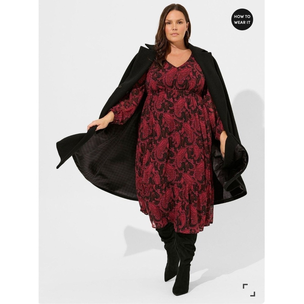 Torrid Midi Dress Tea Length Clip Dot Open Back A-Line Witchy 2 Paisley Black